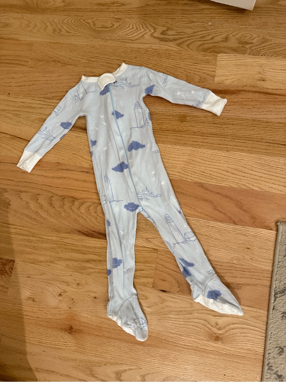 The Beaufort Bonnet Company Light Blue Footed One-Piece with Lighthouse Print